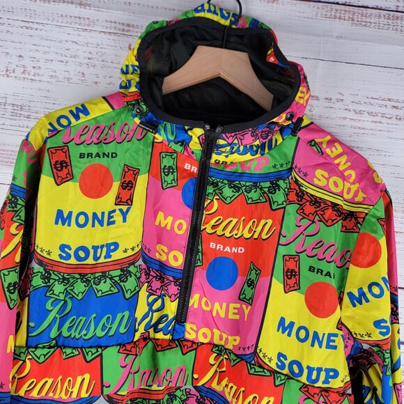 REASON Brand Anorak Jacket Men's L "Money Soup" AOP 1/4 Zip Lining Hood - Picture 2 of 10